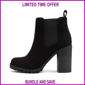 Ankle Boot with Lug Sole Elastic Gore and Chunky Heel